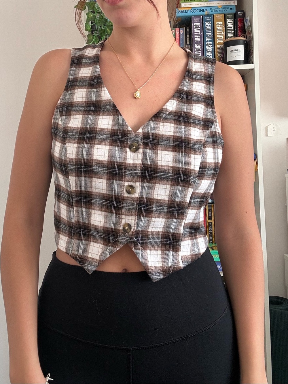 Hollister Brown & White Plaid Button-Front Cropped Camisole